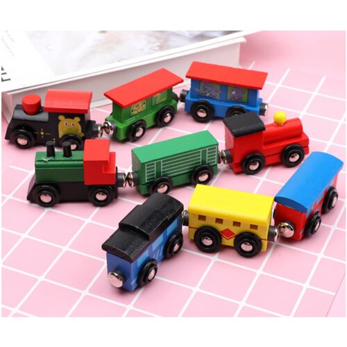 Lean Toys set lesenih vlakcev in lokomotiv z magnetom, 12 kos Slike