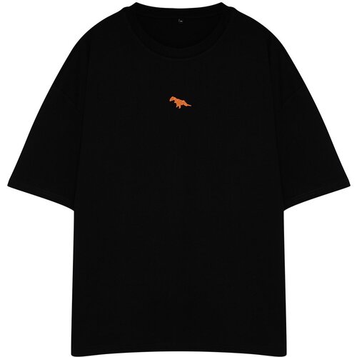 Trendyol Plus Size Black Oversize/Wide Cut 100% Cotton Dinosaur Embroidered T-Shirt Slike