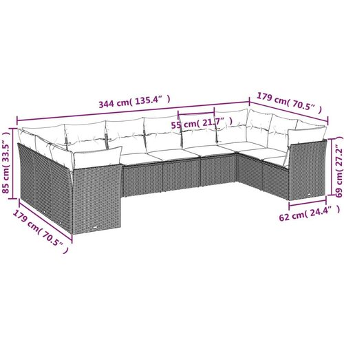VidaXL 10-dijelni set vrtnih sofa s jastucima crni od poliratana Slike