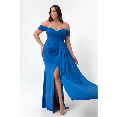 Lafaba Women's Blue Collar with Stones and Tail Long Evening Dress