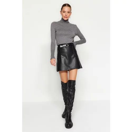 Trendyol Black Faux Leather Belt Mini Weave Skirt