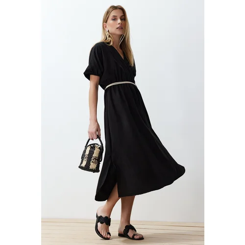 Trendyol Black Straight A-line Double Breasted Collar Balloon Sleeve Belt Detailed Lily Maxi Woven Dress