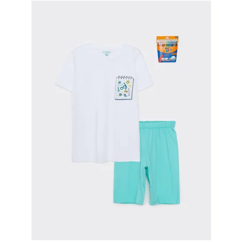 LC Waikiki Crew Neck Printed Short Sleeve Boys' Shorts Pajamas Set And Crayons