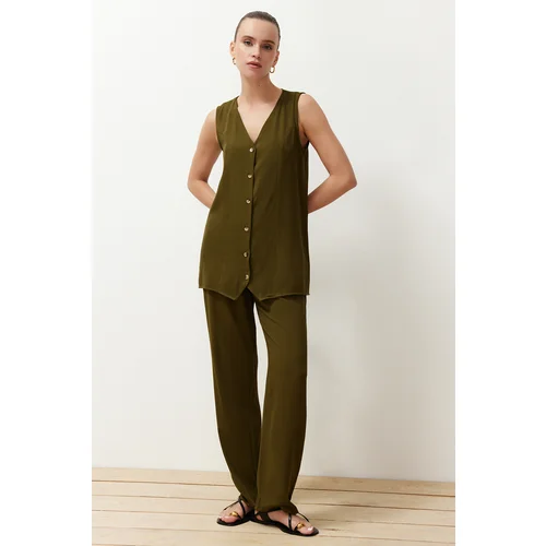 Trendyol Khaki Buttoned V-Neck Wide Cut Vest Trousers Woven Bottom-Top Suit