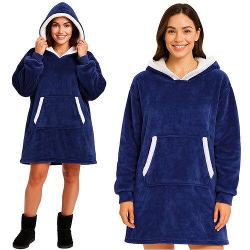 Iso Topla pulover odeja s kapuco in rokavi - hoodie odeja mornarsko modra Cene