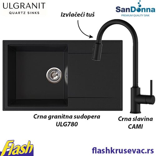  Granitna sudopera Ulgranit ULG780 (CRNA) + slavina izvlačeći tu&scaron; SanDonna - SET Cene