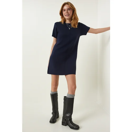  Navy Blue Soft Textured Mini Knitwear Dress