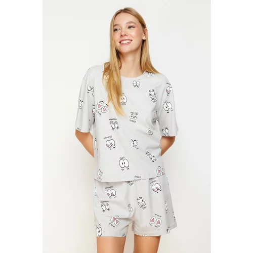 Trendyol Gray Printed Single Jersey Knitted Pajamas Set