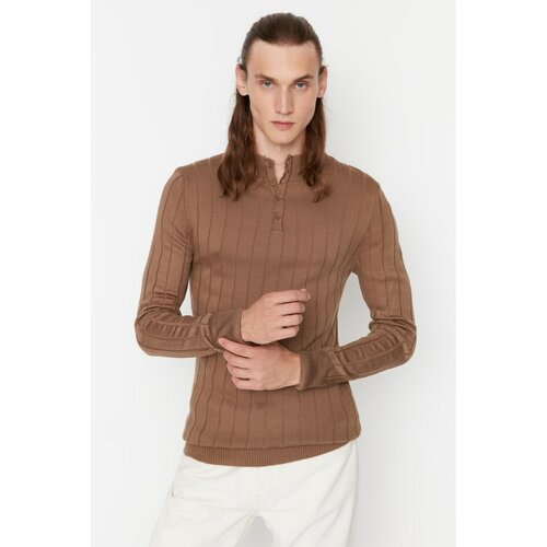 Trendyol Mink Men's Fitted Slim Fit Buttoned Plaid Half Fisherman Basic Knitwear Sweater Slike