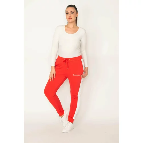 Şans Women's Red Ribbed Inner Side Stripe Sports Pants With Elastic And Lace Detail At The Waist