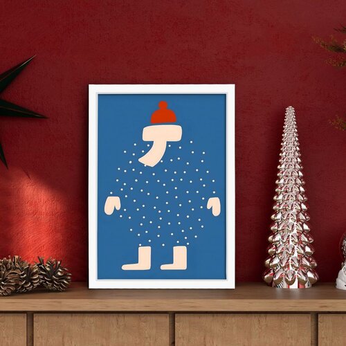 Wallxpert novogodi&amp;scaron;nja uramljena MDF slika 3752CHRCT-006, figura u plavom kaputu sa crvenom kapom među pahuljama, 37 x 52 cm Slike