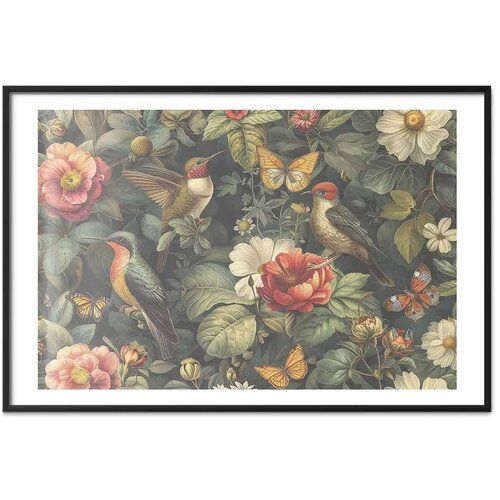  Plakat Flowers Birds and Butterflies - vintage-style illustration 30x21 Crni okvir s margom Slike