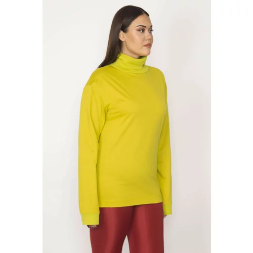 Şans Women's Plus Size Green Cotton Fabric Turtleneck Blouse