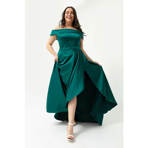 Lafaba Women's Emerald Green Plus Size Satin Evening Dress &; Prom Dress with Boat Collar