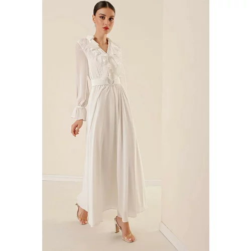 By Saygı Polo Neck, Half-Buttons in the Front, Flutter and Feather Detail, Belted, Lined Long Chiffon Dress in Ecru.