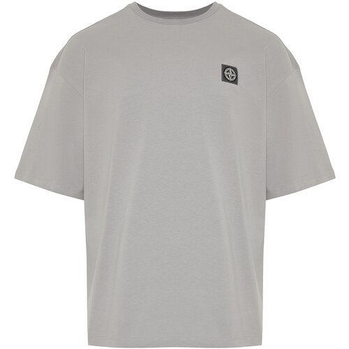 Trendyol Men's Gray Oversize Compass Label 100% Cotton T-Shirt Slike