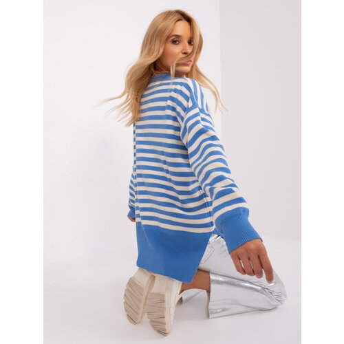 Fashion Hunters Blue and ecru striped oversize knitted sweater Slike