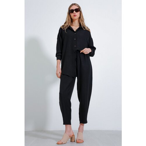 Bigdart Women's Black Oversize Linen Bottom Top Set 6622 Cene