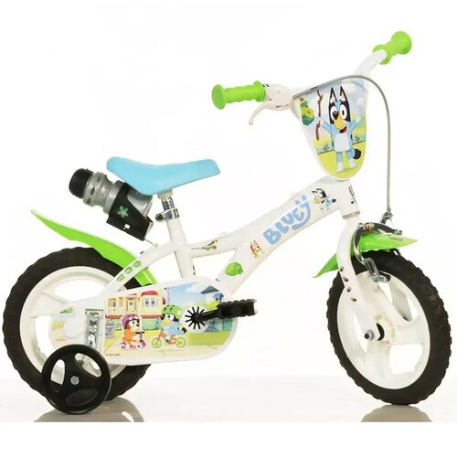 Dino Bikes Bluey 12&rdquo; dječji bicikl s držačem za bočicu i pomoćnim kotačićima u bijelo-plavo-zelenoj boji &ndash; bicikl Cijene