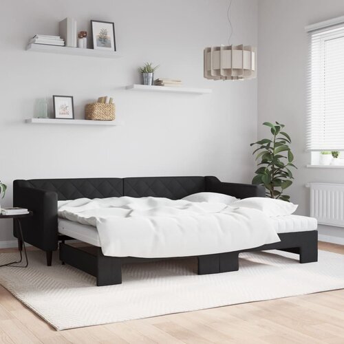 VidaXL Izvlečna dnevna postelja z vzmetnicami črna 90x200 cm blago Slike