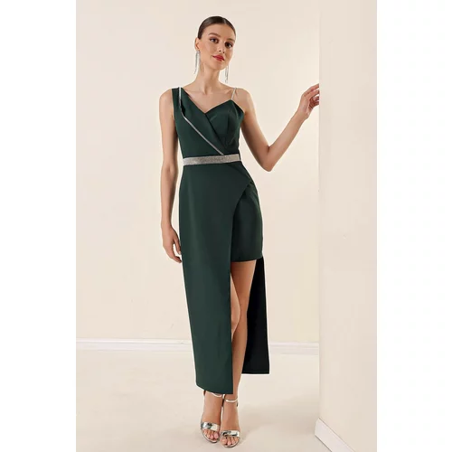 By Saygı One-Shoulder Stone Detail Short One Side Lined Long Dress Emerald