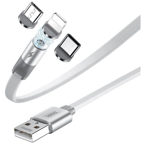Remax magnetski USB kabel + komplet utikača Lightning / USB tip C / mikro USB 2.1A 1m bijeli Cijene