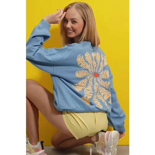Trend Alaçatı Stili Women's Sky Blue Crew Neck Warmenergy Printed Sweatshirt