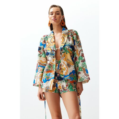 Trendyol Tropical Patterned Belted Woven 100% Cotton Kimono Shorts Set Slike