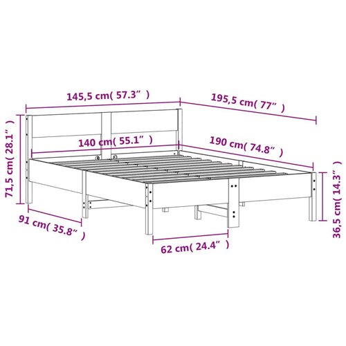 vidaXL Posteljni okvir z vzglavjem 140x190 cm trdna borovina Cene