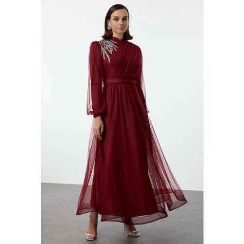 Trendyol Burgundy Stone Accessory Tulle Evening Dress