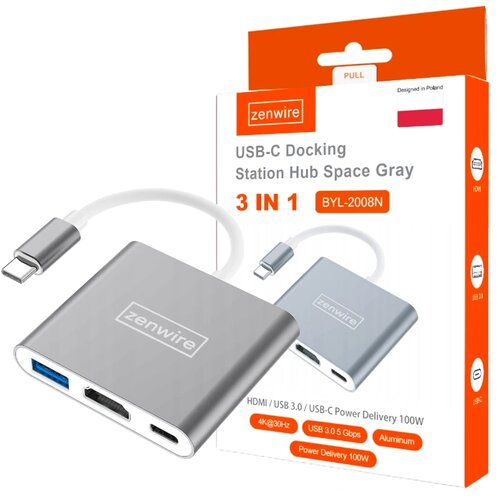 Zenwire BYL-2008N USB-C hub adapter 3v1 (HDMI 4K, USB 3.0, Power Delivery 100 W) za MacBook/Thunderbolt 3/Samsung DeX, (5000196956) Cene