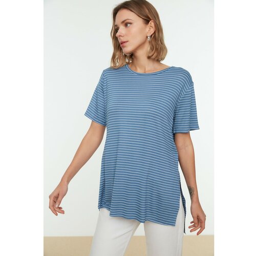 Trendyol Blue Striped Boyfriend Knitted T-Shirt Cene