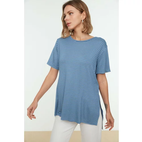 Trendyol Blue Striped Boyfriend Knitted T-Shirt