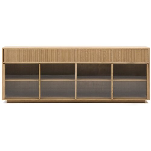 Kave Home Vitrina v hrastovem dekorju z drsnimi vrati v naravni barvi 200x80x40 cm Helvine &ndash; Cene