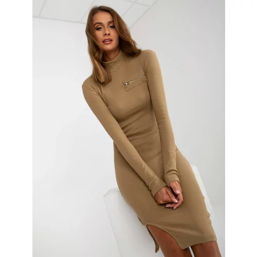 Fashion Hunters Basic camel ribbed dress with turtleneck for women