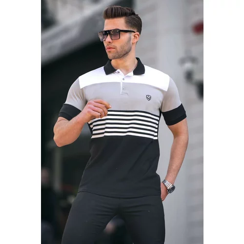 Madmext Men's Black Polo Neck Striped T-Shirt 5865