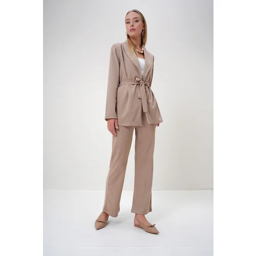 Trend Alaçatı Stili Women's Beige Shawl Collar Self-Belted Jacket and Palazzo Trousers Set