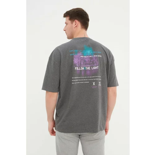 Trendyol Anthracite Men's Oversize Fit Crew Neck Short Sleeve Printed T-Shirt