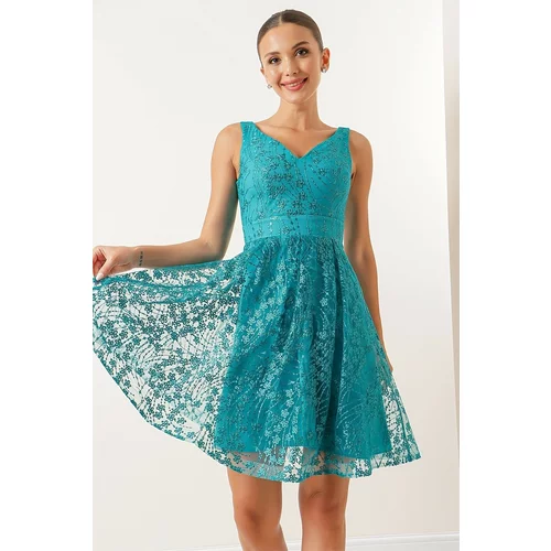 By Saygı V-Neck Lined Lace Dress Turquoise