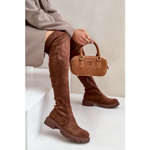 FS1 Knee High Boots With Flat Heel Made Of Eco Suede Brown Arkelia Slike