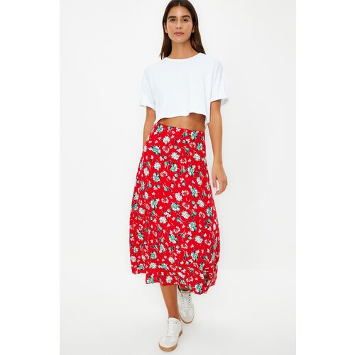 Trendyol Red Floral Patterned Viscose Fabric Midi Woven Skirt Slike