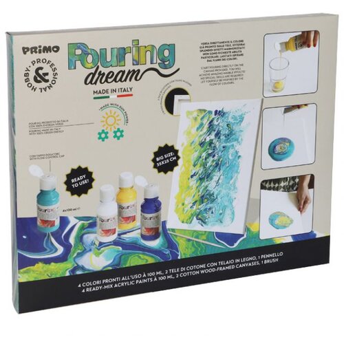  SET BOJA AKRILNA ZA TEHNIKU IZLIJEVANJA 100ML 4BOJE POURING PLUS 2PLATNA PLUS KIST PRIMO PAINTSET3 Slike