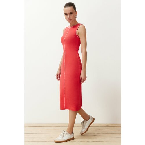 Trendyol Pomegranate Flower Fitted/Body-Fitting Cot Stitching Detailed Ribbed Flexible Knitted Midi Dress Cene