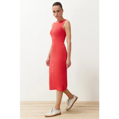 Trendyol Pomegranate Flower Fitted/Body-Fitting Cot Stitching Detailed Ribbed Flexible Knitted Midi Dress