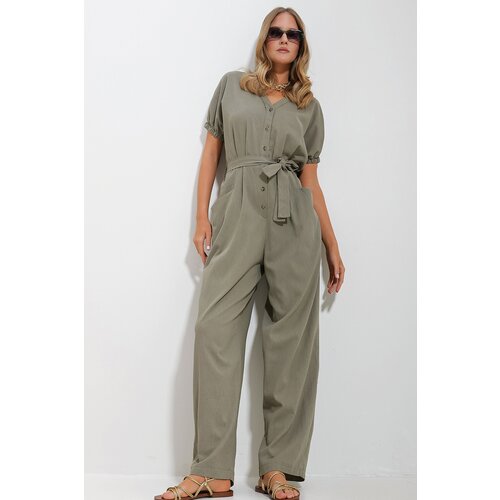 Trend Alaçatı Stili Women's Khaki Front Buttoned Double Pocket Mikanos Linen Jumpsuit Cene