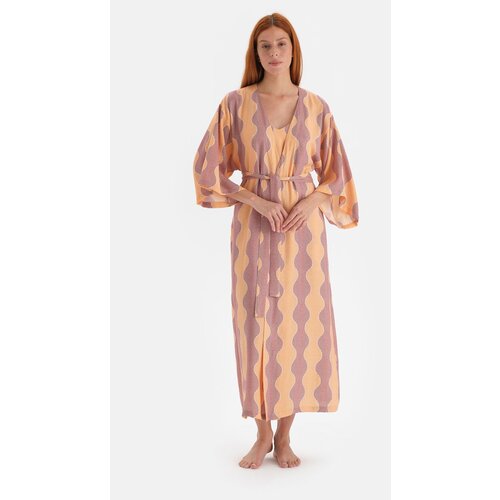 Dagi Yellow Glittery Patterned Satin Dressing Gown Slike