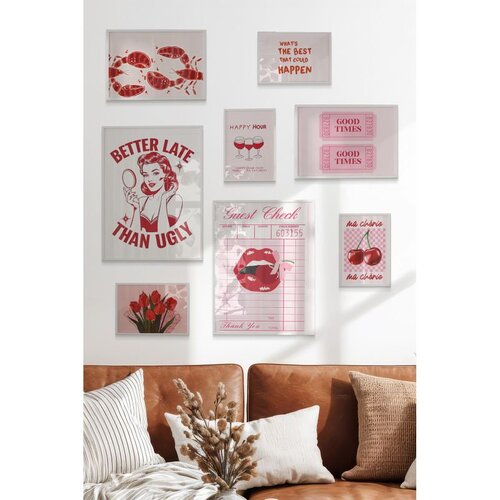Wallxpert set od 8 uramljenih slika Çgs-054, retro motivi u roze i crvenoj – pin-up žena, usne, trešnje, tulipani i karte, beli ram Cene