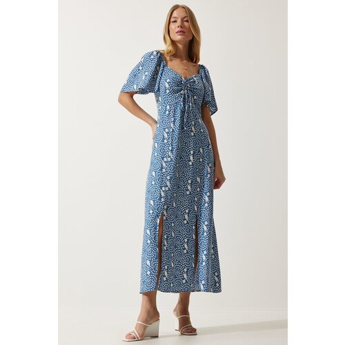 Women's Indigo Blue Slit Detailed Flounce Viscose Dress Cijene