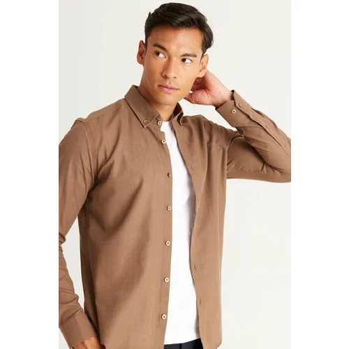 AC&Co / Altınyıldız Classics Men's Brown Tailored Slim Fit Oxford Buttoned Collar Linen-Looking 100% Cotton Flared Shirt.