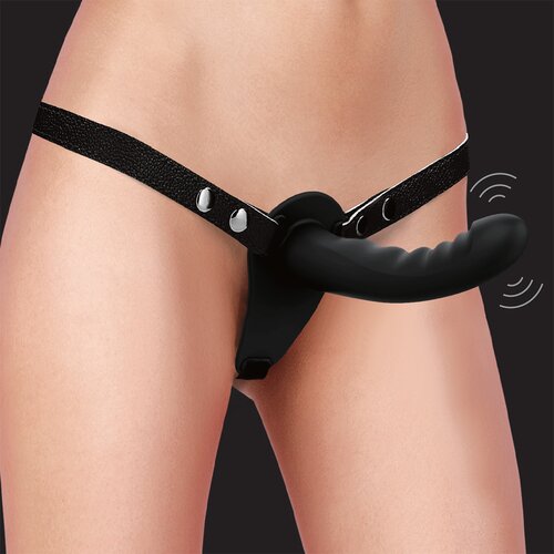 Ouch! Vibrating Rechargeable 10 Speed Silicone Ribbed Strap-On Adjustable Black Cene